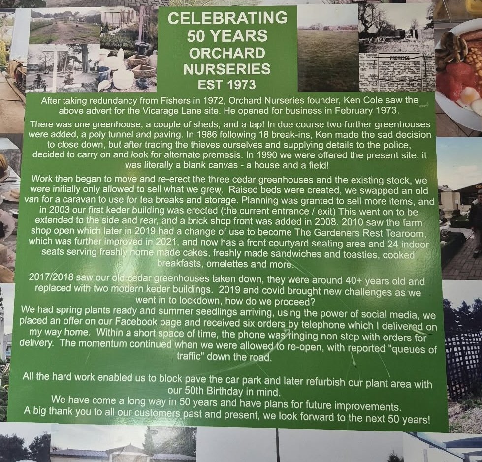 The Celebrating 50 Years display board at Orchard Nurseries, telling the story from 1973